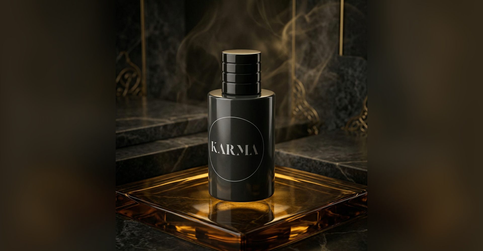 Frasco Karma Parfum sobre mármol oscuro